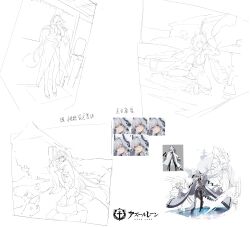 Rule 34 | 1girl, absurdres, azur lane, black footwear, black gloves, boots, breasts, coat, expressions, full body, gloves, highres, kursk (azur lane), kurumi (recycllamo), large breasts, long coat, mechanical tail, multiple views, sketch, spread legs, squatting, standing, tail, thigh boots, white coat, white hair
