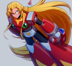 Rule 34 | 1boy, android, armor, blonde hair, blue eyes, closed mouth, commentary, dutch angle, english commentary, gloves, hair between eyes, hand on own hip, unworn headwear, helmet, unworn helmet, holding, holding helmet, hoshi mikan, long hair, male focus, mega man (series), mega man x (series), red headwear, serious, shoulder armor, simple background, solo, standing, sword, sword behind back, very long hair, weapon, weapon on back, white gloves, zero (mega man)