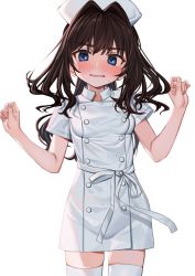 Rule 34 | 1girl, blue eyes, blush, breasts, brown hair, collared dress, commentary request, dress, elisia valfelto, hair between eyes, hair intakes, hands up, hat, highres, long hair, looking at viewer, luicent, nose blush, nurse, nurse cap, original, parted lips, short sleeves, small breasts, solo, sweat, thighhighs, very long hair, white dress, white hat, white thighhighs