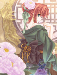Rule 34 | 1girl, alternate costume, alternate hairstyle, bare shoulders, between fingers, blue eyes, claws, dragon, earrings, eastern dragon, female focus, finger to mouth, floral print, flower, from behind, hair bun, hair flower, hair ornament, hair ribbon, highres, holding, hong meiling, japanese clothes, jewelry, kimono, looking back, monety, mouth hold, obi, off shoulder, patterned, peony (flower), petals, profile, red hair, ribbon, round window, sash, short hair, single hair bun, smile, solo, standing, tassel, touhou, wide sleeves, window