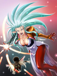 Rule 34 | 1girl, aqua hair, aura, blue hair, breasts, cat, cleavage, fangs, kagami hirotaka, large breasts, loincloth, long hair, open mouth, pointy ears, ryou-ouki, ryouko (tenchi muyou!), solo, spiked hair, tenchi muyou!, yellow eyes