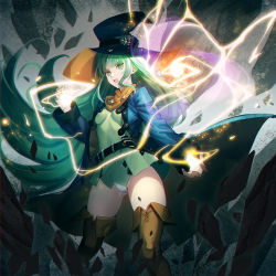 Rule 34 | 1girl, belt, black belt, blue coat, boots, breasts, brown footwear, cameltoe, coat, contrapposto, detached collar, dress, energy ball, floating rock, green dress, green eyes, green hair, hat, highres, impossible clothes, impossible shirt, long hair, long sleeves, looking at viewer, loose belt, magic, masou shizuka, medium breasts, microdress, open clothes, open coat, open mouth, panties, pantyshot, rance (series), rance 10, rock, shirt, siino, solo, standing, thigh boots, thighhighs, underwear, very long hair, white panties, witch hat