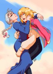 Rule 34 | 1boy, 1girl, artist name, blonde hair, blue eyes, bow, braid, brown eyes, chromatic aberration, commentary, english commentary, grey hair, hair bow, highres, howl (howl no ugoku shiro), howl no ugoku shiro, jacket, jacket on shoulders, mrmiguelart, open mouth, signature, single braid, sophie (howl no ugoku shiro)
