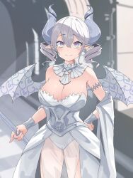 Rule 34 | 1girl, bare shoulders, blush, breasts, cleavage, commentary, cowboy shot, demon girl, demon horns, demon wings, detached collar, dress, drill hair, duel monster, earrings, grey eyes, grey hair, highres, holding, holding polearm, holding weapon, horns, jewelry, large breasts, leotard, looking at viewer, lovely labrynth of the silver castle, mikkotine, pointy ears, polearm, smile, solo, twin drills, weapon, white dress, white leotard, white wings, wings, yu-gi-oh!