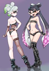 Rule 34 | 2girls, ass, black hair, boots, breasts, bridal gauntlets, callie (splatoon), choker, earrings, fang, fingerless gloves, from behind, garter straps, gloves, inkling player character, jewelry, koharu2.5, lace, lace-trimmed legwear, lace trim, long hair, marie (splatoon), mole, mole under eye, multiple girls, navel, nintendo, open fly, open mouth, pointy ears, purple background, revealing clothes, short hair, shorts, single thighhigh, smile, spider web print, splatoon (series), splatoon 1, strapless, tentacle hair, thighhighs, tube top, white hair, wide hips