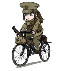 Rule 34 | 1girl, anyan (jooho), bicycle, bolt action, british army, commentary request, green hair, gun, hat, lee-enfield, long hair, military, military uniform, original, peaked cap, ponytail, riding, riding bicycle, rifle, solo, uniform, weapon, white background, world war i