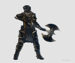Rule 34 | ambiguous gender, armor, artist name, axe, battle axe, black armor, brown gloves, fantasy, full body, gloves, highres, holding, holding axe, holding weapon, joshua leupen, knight, original, simple background, solo, spurs, standing, weapon