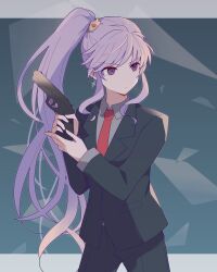 Rule 34 | 1girl, absurdres, commission, commissioner upload, fire emblem, fire emblem: genealogy of the holy war, formal, gun, hair ornament, highres, holding, holding gun, holding weapon, ishtar (fire emblem), jewelry, long hair, necktie, nintendo, non-web source, purple eyes, purple hair, skeb commission, solo, suit, very long hair, weapon