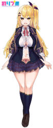 Rule 34 | 1girl, ascot, bad id, bad twitter id, bat hair ornament, blazer, blonde hair, blush, braid, breasts, brown footwear, checkered clothes, checkered skirt, cleavage, cleavage cutout, clothing cutout, commentary request, fang, french braid, frilled sleeves, frills, full body, hair ornament, heart, highres, itolife, jacket, kneehighs, large breasts, long hair, long sleeves, miniskirt, multicolored hair, navel, navel cutout, no bra, noripro, official art, one side up, open clothes, open jacket, open mouth, orange eyes, pink hair, pleated skirt, pubic tattoo, red ribbon, ribbon, school uniform, second-party source, shirt, shoes, side braid, skirt, socks, solo, straight-on, tachi-e, tattoo, vampire, virtual youtuber, white shirt, yumeno lilith
