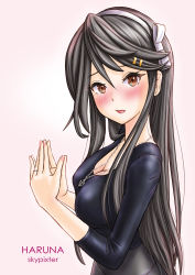 Rule 34 | 1girl, absurdres, alternate costume, anchor necklace, artist name, black hair, black shirt, blush, breasts, brown eyes, character name, cleavage, from side, hair ornament, hairband, hairclip, haruna (kancolle), highres, kantai collection, large breasts, long hair, looking at viewer, necklace, open mouth, pink background, shirt, simple background, skin tight, skypixter, solo, upper body, white hairband