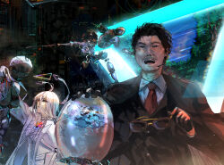 Rule 34 | black hair, black suit, business suit, cloak, commentary request, enma-chan, formal, funi mu9, glasses, halo, headset, holding, holding removed eyewear, hololive, hololive english, long hair, necktie, omega alpha, open mouth, red necktie, short hair, suit, triangle halo, unworn eyewear, virtual youtuber, white cloak, white hair, yagoo