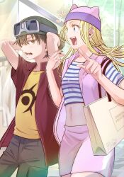 Rule 34 | 1boy, 1girl, arms up, backwards hat, bag, blonde hair, breasts, brown eyes, brown hair, brown shorts, commentary request, cowboy shot, cropped shirt, day, digimon, digimon frontier, gloves, goggles, goggles on headwear, green eyes, green gloves, green hat, hair between eyes, hat, highres, hood, hood down, hooded vest, hoodie, indoors, kanbara takuya, long hair, midriff, navel, notice lines, open clothes, open mouth, open shirt, open vest, orimoto izumi, purple hat, purple skirt, purple vest, red shirt, shirt, shopping bag, short hair, short sleeves, shorts, sidelocks, skirt, small breasts, standing, striped clothes, striped shirt, teeth, uyutaku, vest, yellow shirt