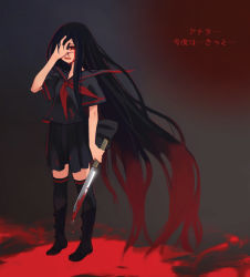 Rule 34 | 1girl, absurdly long hair, black hair, black thighhighs, blood, blood in hair, blood on clothes, blood on face, bloody tears, bloody weapon, boots, crying, dripping, gradient background, hand on own face, holding, holding knife, holding weapon, knife, long hair, neckerchief, one eye covered, open mouth, original, puddle, red eyes, red hair, red neckerchief, ryoji (nomura ryouji), school uniform, serafuku, skirt, solo, thighhighs, translation request, very long hair, weapon