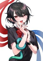 Rule 34 | 1girl, asymmetrical wings, black dress, black hair, blush, bow, bowtie, breasts, center frills, dress, fang, frills, hair between eyes, highres, houjuu nue, makita (vector1525), nail polish, red bow, red bowtie, red nails, snake, solo, touhou, uneven eyes, wings, wristband