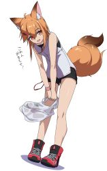 Rule 34 | 1girl, :d, ahoge, animal ear fluff, animal ears, bag, bare arms, bare shoulders, black shorts, brown hair, dutch angle, fang, fox ears, fox girl, fox tail, hair between eyes, hair ornament, hairclip, highres, holding, holding bag, leaning forward, looking at viewer, minowa sukyaru, open mouth, original, plastic bag, red eyes, red footwear, shadow, shirt, shoes, short shorts, shorts, sleeveless, sleeveless shirt, smile, solo, standing, tail, translation request, white background, white shirt