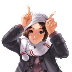 Rule 34 | 10s, 1girl, 2013, brown hair, dated, elleciel.eud, horns pose, jacket, looking at viewer, original, scarf, simple background, smile, solo, upper body, white background