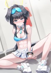 Rule 34 | 1girl, animal ears, black hair, blue archive, blue eyes, blush, cheerleader, commentary request, covering crotch, covering privates, dawon, dog ears, dog girl, dog tail, eyewear on head, goggles, goggles on head, halo, hibiki (blue archive), hibiki (cheer squad) (blue archive), highres, looking at viewer, millennium cheerleader outfit (blue archive), navel, official alternate costume, panties, pantyshot, skirt, solo, spread legs, stomach, tail, underwear, white panties, white skirt