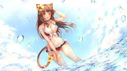 Rule 34 | 1girl, absurdres, animal ears, arm up, arms behind head, bare arms, bare shoulders, bikini, blue sky, blush, breasts, brown eyes, brown hair, cat ears, cat girl, cat tail, cleavage, collarbone, commentary, day, dutch angle, effiez (vtuber), flower, frilled bikini, frills, front-tie bikini top, front-tie top, halterneck, hand on own thigh, highres, ijac ray, indie virtual youtuber, large breasts, long hair, looking at viewer, navel, open mouth, outdoors, red bikini, side-tie bikini bottom, sky, solo, standing, stomach, swimsuit, tail, tail flower, tail ornament, virtual youtuber, wading, water, yellow flower