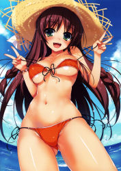Rule 34 | 1girl, absurdres, beach, bikini, blush, breasts, brown hair, cleavage, collarbone, day, covered erect nipples, green eyes, hat, highres, large breasts, long hair, looking at viewer, navel, ocean, open mouth, original, outdoors, scan, side-tie bikini bottom, sky, smile, solo, standing, straw hat, swimsuit, tomose shunsaku, v