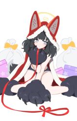 Rule 34 | 1girl, animal costume, animal ears, animal hands, bell, black hair, blue archive, blush, box, cat paws, christmas, concept art, dog ears, dog tail, fake animal ears, fur trim, gift, gift box, gloves, hibiki (blue archive), leash, long hair, looking at viewer, looking to the side, medium hair, mimitoke, neck bell, paw gloves, paw shoes, purple eyes, sack, shoes, shorts, simple background, sitting, solo, standing, tail, white background