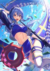 Rule 34 | 1girl, abyssal ship, bandeau, black gloves, blue bandeau, blue eyes, blue hair, blue skirt, blue sky, boots, checkered clothes, checkered flag, cloud, crop top, cropped jacket, day, dutch angle, enemy lifebuoy (kancolle), feet out of frame, flag, gloves, gotland (kancolle), half gloves, highleg, highleg panties, jacket, kantai collection, long hair, looking at viewer, miniskirt, mole, mole under eye, outdoors, panties, pennant, ponytail, race queen, skirt, sky, smile, standing, swedish flag, thigh boots, thighhighs, underwear, unowen, white jacket, white panties, white thighhighs