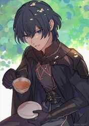 Rule 34 | 1boy, armor, black armor, black cape, black gloves, blue eyes, byleth (fire emblem), byleth (male) (fire emblem), cape, cup, fire emblem, fire emblem: three houses, gloves, green hair, highres, holding, holding cup, looking at viewer, male focus, nintendo, short hair, sitting, tree shade, un tapoi