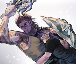 Rule 34 | &gt; &lt;, 2boys, arm tattoo, bara, beard, between pecs, between pectorals, biceps, dutch angle, face to pecs, facial hair, final fantasy, final fantasy xv, frown, gladiolus amicitia, green tank top, hair slicked back, head between pecs, holding, holding shield, holding sword, holding weapon, in higashiyama, long sideburns, male focus, mature male, medium hair, multiple boys, muscular, muscular male, noctis lucis caelum, pectorals, protecting, scar, scar across eye, scar on face, shield, sideburns, sidepec, stubble, sword, tank top, tattoo, thick eyebrows, undercut, upper body, weapon