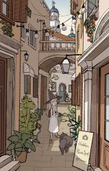 Rule 34 | 1girl, backpack, bag, brown footwear, camera, cat, door, dress, english text, european architecture, hanging lantern, hat, hinata (echoloveloli), holding, holding camera, open mouth, original, plant, potted plant, red eyes, sketch, steeple, string lights, white dress, white hair, window, witch hat