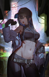 Rule 34 | 1girl, armband, baseball cap, belt, black hair, black hat, black mask, black pants, black shirt, blue archive, blue eyes, buckle, chest harness, cowboy shot, crop top, gun, halo, harness, hat, highres, hironii (hirofactory), holding, holding mask, holding weapon, jacket, long hair, mask, midriff, mouth mask, neon lights, off shoulder, pants, rifle, saori (blue archive), shirt, sleeveless, sleeveless shirt, snap-fit buckle, thighs, unworn mask, weapon, white jacket