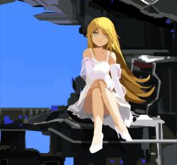 Rule 34 | 1girl, blonde hair, blue eyes, blue sky, breasts, commentary request, day, dress, elbow gloves, eyes visible through hair, gloves, high heels, highres, kaigen 1025, long hair, looking at viewer, marie (seihou), outdoors, seihou, sitting, sky, sleeveless, sleeveless dress, small breasts, solo, white dress, white gloves
