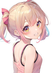 Rule 34 | 1girl, black trim, blue hair, bow, from side, gradient hair, grin, hair bow, highres, light brown hair, looking at viewer, multicolored hair, original, pink shirt, red bow, shirt, shoulder blades, simple background, sleeveless, sleeveless shirt, smile, solo, twintails, upper body, white background, yellow eyes, yuna rebun