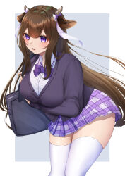 Rule 34 | 1girl, absurdres, alternate costume, animal ears, azur lane, bag, breasts, brown hair, cardigan, checkered clothes, checkered skirt, collared shirt, cow ears, cow girl, cow horns, cow tail, cowboy shot, flower, grey background, hair flower, hair ornament, highres, holding, holding bag, horns, kashino (azur lane), konparu uran, large breasts, long hair, long sleeves, looking at viewer, plaid, plaid skirt, pleated skirt, purple eyes, purple skirt, school bag, school uniform, shirt, shoulder bag, skirt, solo, tail, thighhighs, white background, white shirt, white thighhighs
