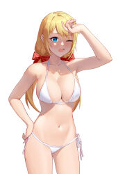 Rule 34 | 1girl, absurdres, arm at side, arm up, bikini, blonde hair, blue eyes, blush, bow, breasts, cleavage, cowboy shot, female focus, hair bow, hand on own head, hand on own hip, highres, large breasts, long hair, looking at viewer, low twintails, one eye closed, open mouth, red bow, simple background, solo, standing, swimsuit, twintails, white bikini, yuna yunis, yuusha ga shinda!