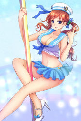 Rule 34 | 1girl, armpits, bare arms, bare shoulders, blue eyes, blue sailor collar, blue skirt, blush, breasts, brown hair, cleavage, collarbone, crop top, groin, hair bobbles, hair ornament, hat, high heels, highres, large breasts, long hair, looking at viewer, medium breasts, midriff, miniskirt, nail polish, navel, original, parted lips, pink nails, pole, pole dancing, sailor collar, sailor hat, shirt, shoes, side ponytail, skirt, sleeveless, sleeveless shirt, smile, solo, stomach, stripper pole, suikakitsu shiro, thighs, white footwear, xia you qing