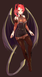 Rule 34 | 1girl, arms at sides, bad id, bad pixiv id, bare shoulders, black dress, black pantyhose, breasts, cleavage, demon girl, demon horns, demon tail, demon wings, dress, full body, garter straps, highres, horns, long hair, looking at viewer, original, pantyhose, parted lips, ponytail, red eyes, red hair, see-through, short dress, slit pupils, solo, ss0l (skghek), standing, tail, thighhighs, thighhighs over pantyhose, wings