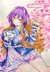 Rule 34 | 1girl, blonde hair, breasts, brown hair, chaka3464, cloud, cross-laced clothes, dress, flower, gradient hair, hijiri byakuren, juliet sleeves, large breasts, layered dress, leaning to the side, long hair, long sleeves, looking at viewer, multicolored hair, puffy sleeves, purple hair, smile, solo, texture, touhou, traditional media, turtleneck, wavy hair, white background, yellow eyes
