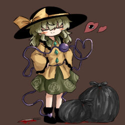 Rule 34 | 1girl, black footwear, black hat, blood, blood on ground, bloody knife, blouse, blush, boots, bow, brown background, buttons, closed eyes, closed mouth, diamond button, eyeball, frilled shirt collar, frilled sleeves, frills, full body, green skirt, hands on own hips, hat, hat bow, hat ribbon, heart, heart of string, heripantomorrow, knife, komeiji koishi, light green hair, long sleeves, medium hair, ribbon, shirt, simple background, skirt, smile, smug, solo, standing, third eye, touhou, trash bag, wide sleeves, yellow bow, yellow ribbon, yellow shirt