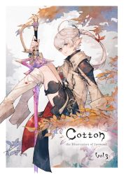 Rule 34 | 1girl, ahoge, alisaie leveilleur, autumn leaves, black skirt, blue eyes, boots, brooch, coat, comiket 93, commentary, cover, cover page, elezen, elf, final fantasy, final fantasy xiv, foot out of frame, from side, grey coat, hair ribbon, highres, holding, holding sword, holding weapon, jewelry, junwool, knee boots, knees up, long hair, long sleeves, pointy ears, ponytail, ribbon, silver hair, sitting, skirt, smile, solo, sword, thigh strap, weapon, white footwear