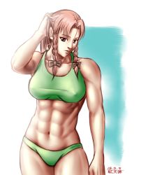 Rule 34 | 1girl, abs, blue eyes, blue sky, braid, breasts, collarbone, cowboy shot, dated, covered erect nipples, hand in own hair, hong meiling, large breasts, lips, long hair, looking at viewer, muscular, muscular female, navel, nose, parted lips, red hair, signature, sky, solo, standing, taikyokuturugi, touhou, twin braids, white background