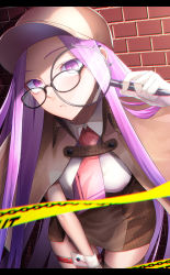 Rule 34 | 1girl, breasts, brown capelet, capelet, cosplay, deerstalker, detective, fate/stay night, fate (series), female focus, forehead, glasses, hat, highres, large breasts, long hair, looking at viewer, magnifying glass, matching hair/eyes, medusa (fate), medusa (rider) (fate), medusa (those eyes let none get away) (fate), minami koyogi, parted bangs, purple eyes, purple hair, sherlock holmes, sherlock holmes (cosplay), sidelocks, solo, square pupils, thigh strap, very long hair, wrist cuffs