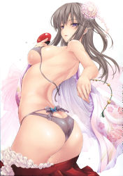 Rule 34 | 1girl, alcohol, arched back, ass, back, bare shoulders, bikini, black bikini, blush, breasts, brown hair, butt crack, comic hotmilk, cup, curvy, flower, hair flower, hair ornament, highres, kizuki aruchu, large breasts, lingerie, long hair, open mouth, original, purple eyes, sakazuki, sake, scan, scan artifacts, see-through, shiny clothes, shiny skin, solo, sweat, swimsuit, underwear, underwear only, untied, wet