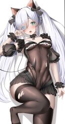 Rule 34 | absurdres, animal ears, azur lane, black bow, black choker, black skirt, blue eyes, blush, bow, braid, breasts, breasts apart, cat ears, choker, cien (shikanokuni), commentary, covered navel, demon tail, fake animal ears, fake tail, green eyes, grey hair, hair bow, halloween costume, heterochromia, highres, janus (azur lane), janus (fright-night scaredy-cat) (azur lane), leg up, long hair, looking at viewer, medium breasts, no shoes, official alternate costume, open mouth, pleated skirt, puffy short sleeves, puffy sleeves, short sleeves, simple background, skirt, tail, thighhighs, thighs, torn clothes, torn thighhighs, twintails, very long hair, white background