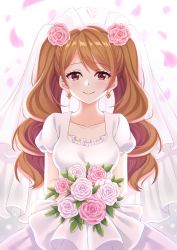 Rule 34 | 1girl, blush, bouquet, bridal veil, brown hair, charlotte pudding, curly hair, dress, earrings, female focus, flower, hair flower, hair ornament, jewelry, kitsuneco, leaf, long hair, multicolored hair, one piece, petals, simple background, smile, solo, twintails, two-tone hair, upper body, veil, wedding dress, white background