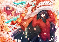 Rule 34 | 1girl, 2024, 2boys, absurdres, black eyes, black hair, blue eyes, chinese clothes, chinese new year, chinese text, dragon, eastern dragon, faust (project moon), flower, gredell elle, heterochromia, highres, hong lu (project moon), limbus company, long hair, medium hair, multiple boys, plant, project moon, purple eyes, short hair, tagme, yi sang (project moon)