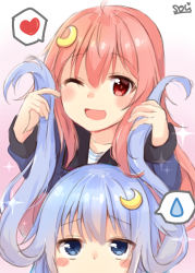 Rule 34 | 2girls, ;d, ahoge, black sailor collar, blue eyes, blue hair, blue shirt, blush, commentary request, crescent, crescent hair ornament, gradient background, hair between eyes, hair ornament, heart, holding, holding own hair, kantai collection, long hair, long sleeves, looking at viewer, multiple girls, one eye closed, open mouth, pink background, pink hair, red eyes, sailor collar, school uniform, serafuku, shirt, signature, smile, sou (soutennkouchi), sparkle, spoken heart, spoken sweatdrop, sweatdrop, uzuki (kancolle), very long hair, white background, yayoi (kancolle)