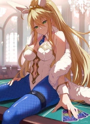 Rule 34 | 1girl, ahoge, animal ears, artoria pendragon (all), artoria pendragon (fate), artoria pendragon (swimsuit ruler) (fate), bare shoulders, blonde hair, blue neckwear, blue pantyhose, braid, breasts, card, cleavage, closed mouth, clothing cutout, detached collar, fake animal ears, fate/grand order, fate (series), feather boa, fishnet pantyhose, fishnets, french braid, green eyes, hair between eyes, highleg, highleg leotard, highres, large breasts, leotard, long hair, motto (night wear), navel, navel cutout, necktie, pantyhose, playboy bunny, playing card, poker chip, ponytail, rabbit ears, sidelocks, signature, sitting, smug, sparkle, thigh strap, thighs, tiara, white leotard, wrist cuffs