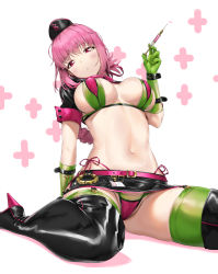 Rule 34 | 1girl, absurdres, bikini, boots, breasts, covered erect nipples, elbow gloves, eyebrows hidden by hair, fate/grand order, fate (series), florence nightingale (fate), florence nightingale (trick or treatment) (fate), gloves, green gloves, hat, high heel boots, high heels, highres, large breasts, looking at viewer, navel, official alternate costume, pink hair, pixel (yuxian), red eyes, sitting, solo, swimsuit, thigh boots, thighhighs