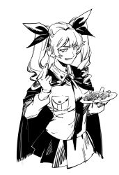 Rule 34 | 1girl, anchovy (girls und panzer), bow, cape, collared shirt, drill hair, food, fork, girls und panzer, greyscale, grin, hair bow, hand up, highres, holding, long hair, long sleeves, looking at viewer, monochrome, necktie, pasta, plate, pleated skirt, ruukii drift, shirt, skirt, smile, solo, spaghetti, standing, twin drills, twintails, wing collar