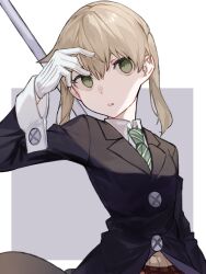 Rule 34 | 1girl, black coat, blonde hair, caddy cyd, coat, collared shirt, diagonal-striped clothes, diagonal-striped necktie, gloves, green eyes, grey background, hair between eyes, highres, long hair, long sleeves, looking to the side, maka albarn, necktie, parted lips, shirt, simple background, solo, soul eater, striped clothes, twintails, two-tone background, upper body, white background, white gloves, white shirt
