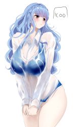 Rule 34 | 1girl, :t, alternate hairstyle, blue hair, blush, braid, breasts, brown eyes, commission, crown braid, embarrassed, fire emblem, fire emblem: three houses, fire emblem heroes, highres, icoo, large breasts, long hair, marianne von edmund, nintendo, pout, pouty lips, see-through, shirt, sidelocks, solo, swimsuit, wet, wet clothes